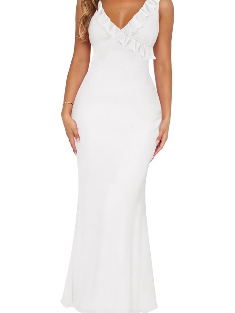 Elegant White Ruffle-Trim Maxi Dress - Women